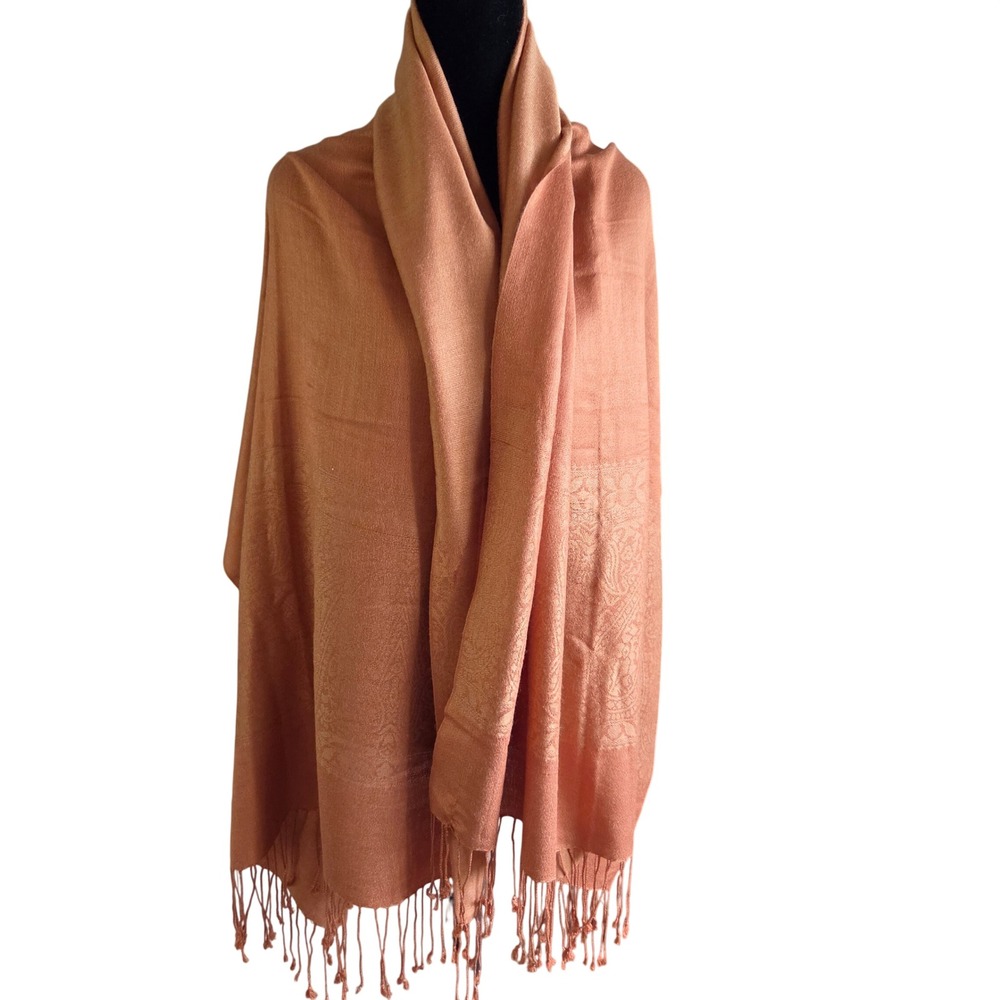 Pashmina Silk Blend Shawl Copper Orange Paisley Damask Fringe Wrap 66x28